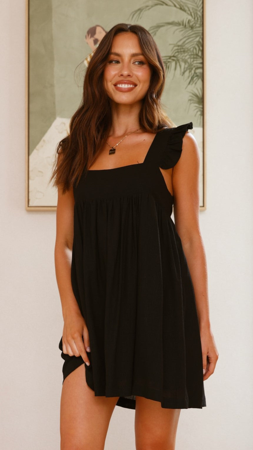 Black Cotton Ruffle Strap Mini Dress – Square Neck Flowy Babydoll Fit