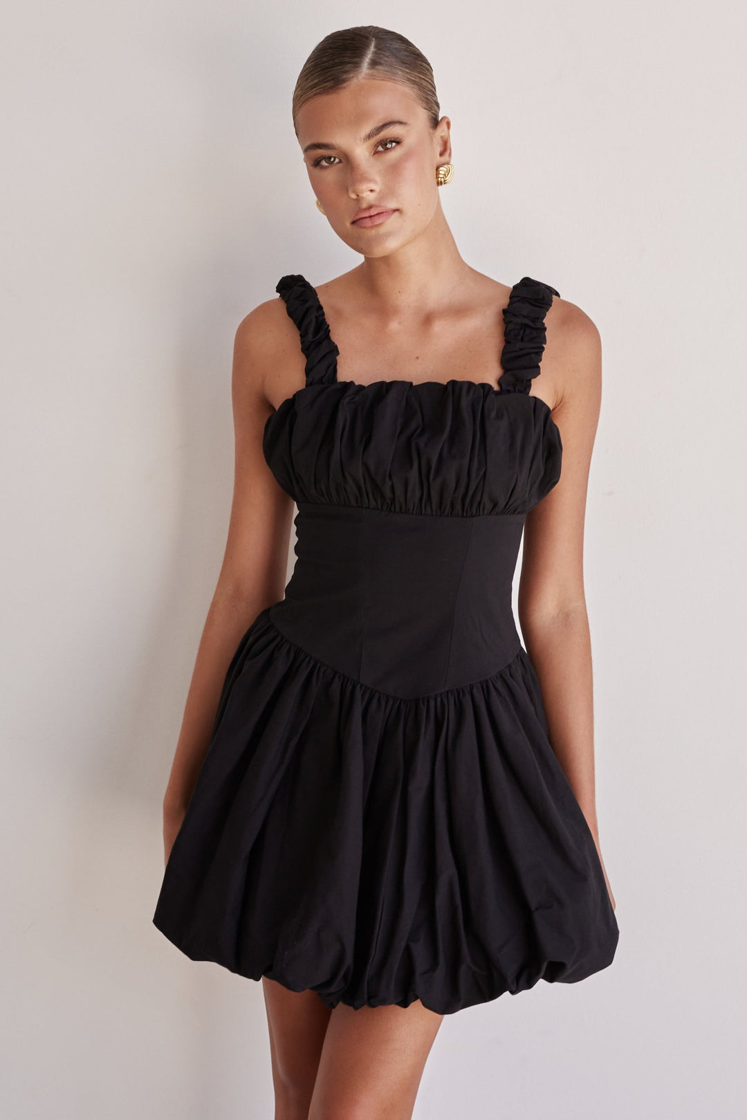 Black Cotton Poplin Bubble Mini Dress