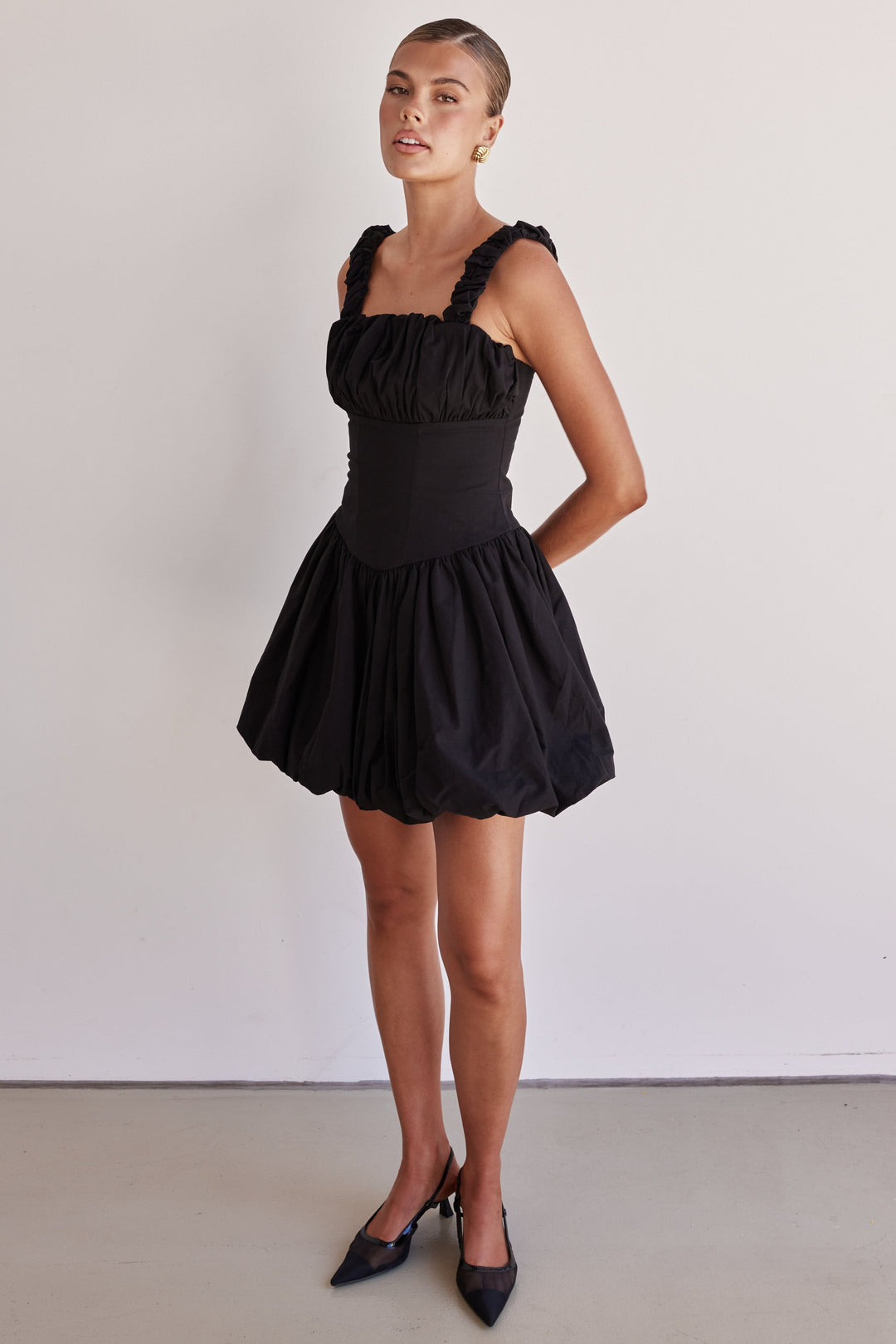 Black Cotton Poplin Bubble Mini Dress