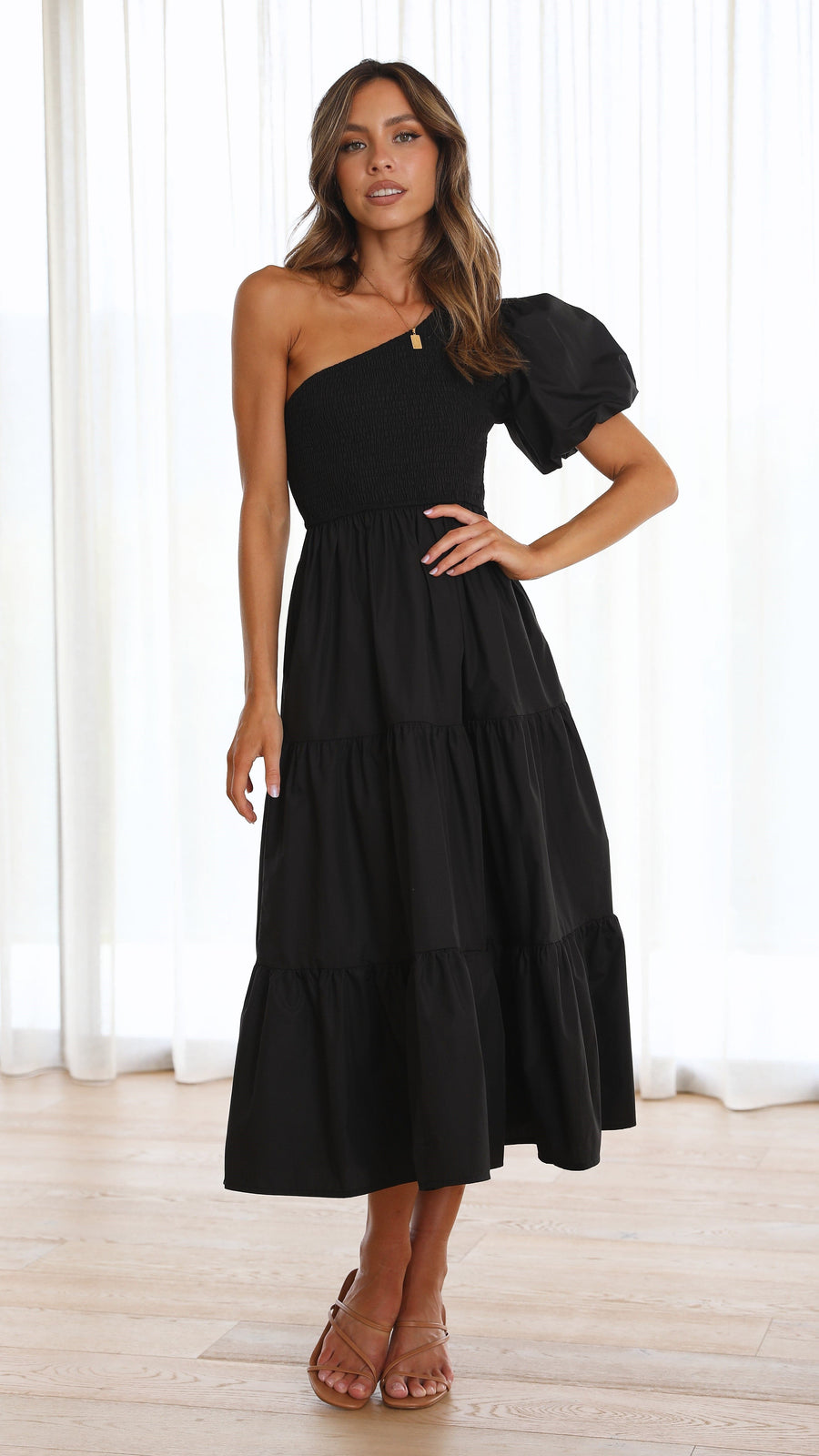 Black Crepe One-Shoulder Smocked Bodice Tiered Midi Dress