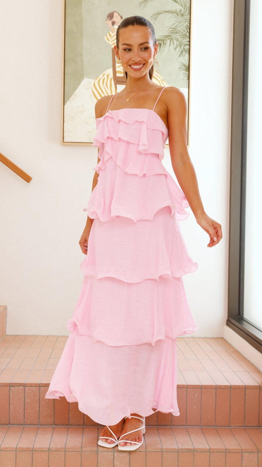 Pink Crepe Layered Ruffle Maxi Dress