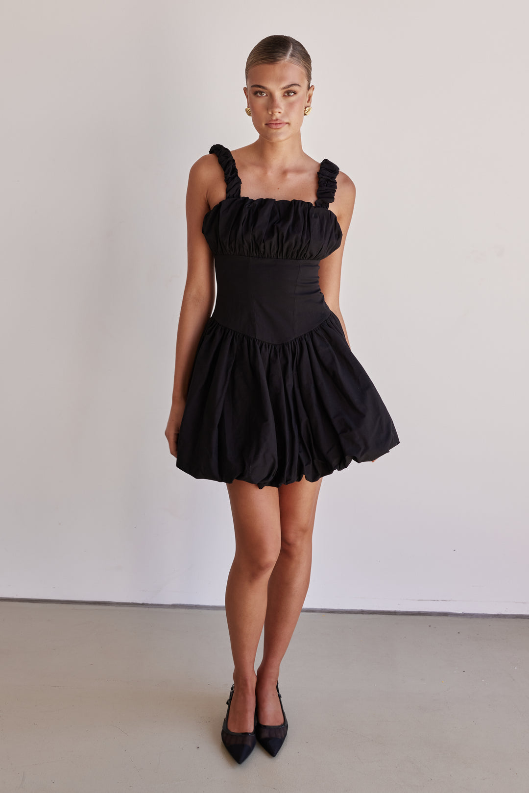 Black Cotton Poplin Bubble Mini Dress