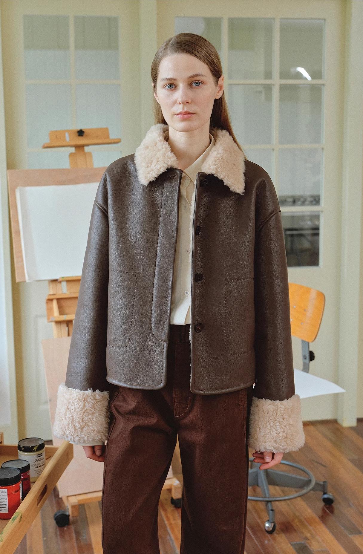 Slightly Sweet Latte Second Generation Furry Lapel Casual Straight Shorn Shearling Jacket
