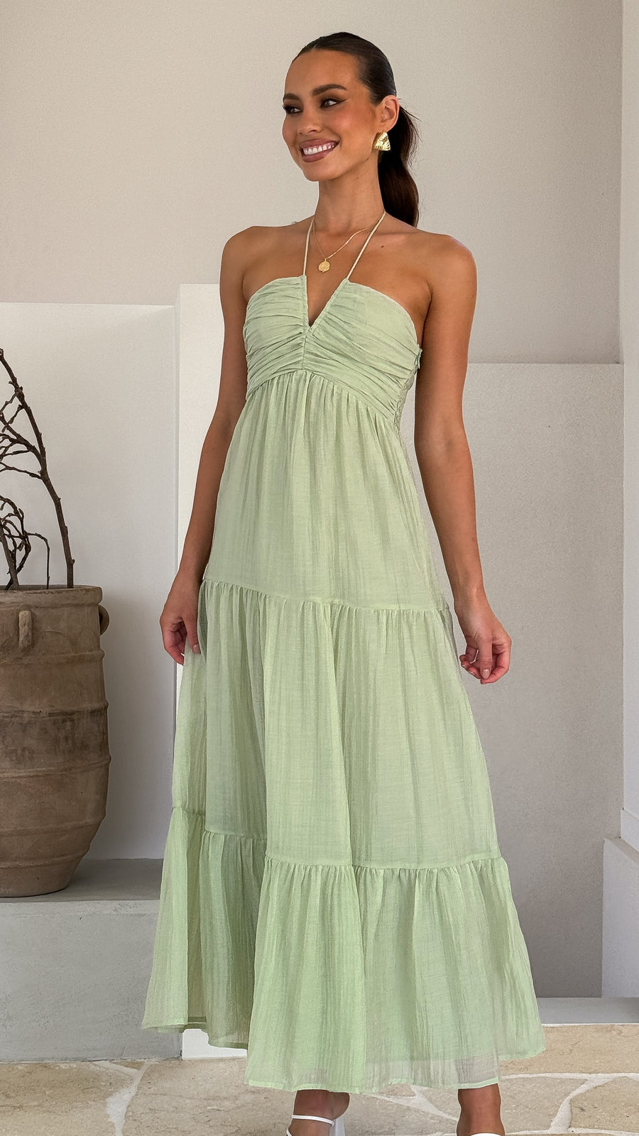 Sage Green Moss Cotton Halter Maxi Dress