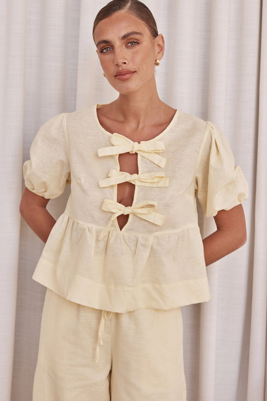 Butter Yellow Linen Bow Tie Front Top – Puff Sleeve Peplum Blouse