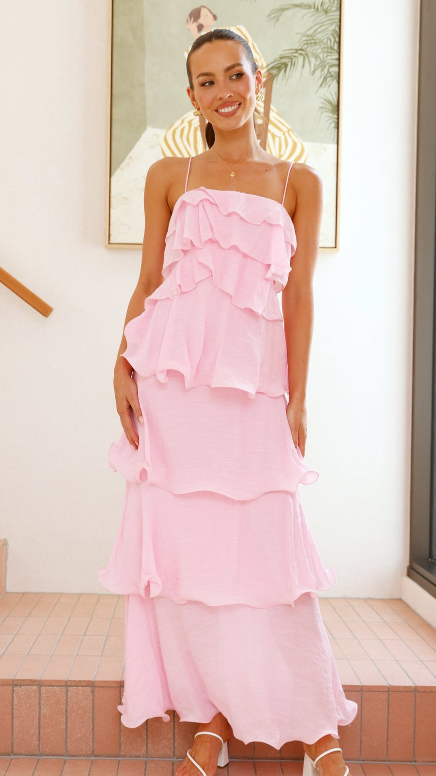 Pink Crepe Layered Ruffle Maxi Dress
