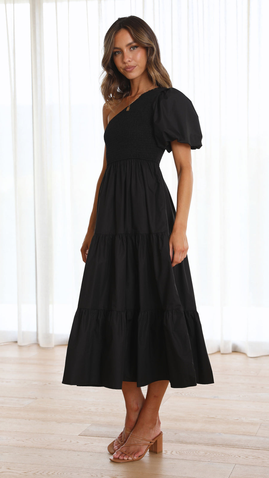 Black Crepe One-Shoulder Smocked Bodice Tiered Midi Dress