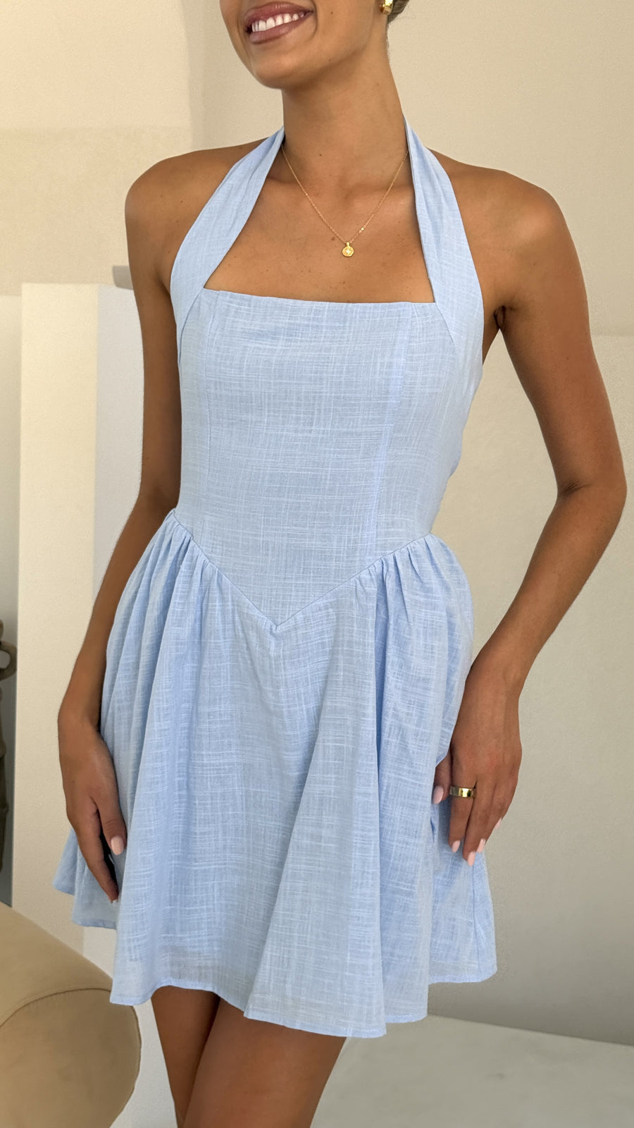 Light Blue Linen Halter Mini Dress – Back Smocked Summer Dress for Women