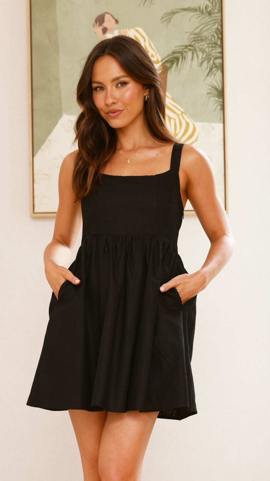Black Linen Smocked Back Mini Dress – Square Neck Sleeveless Dress