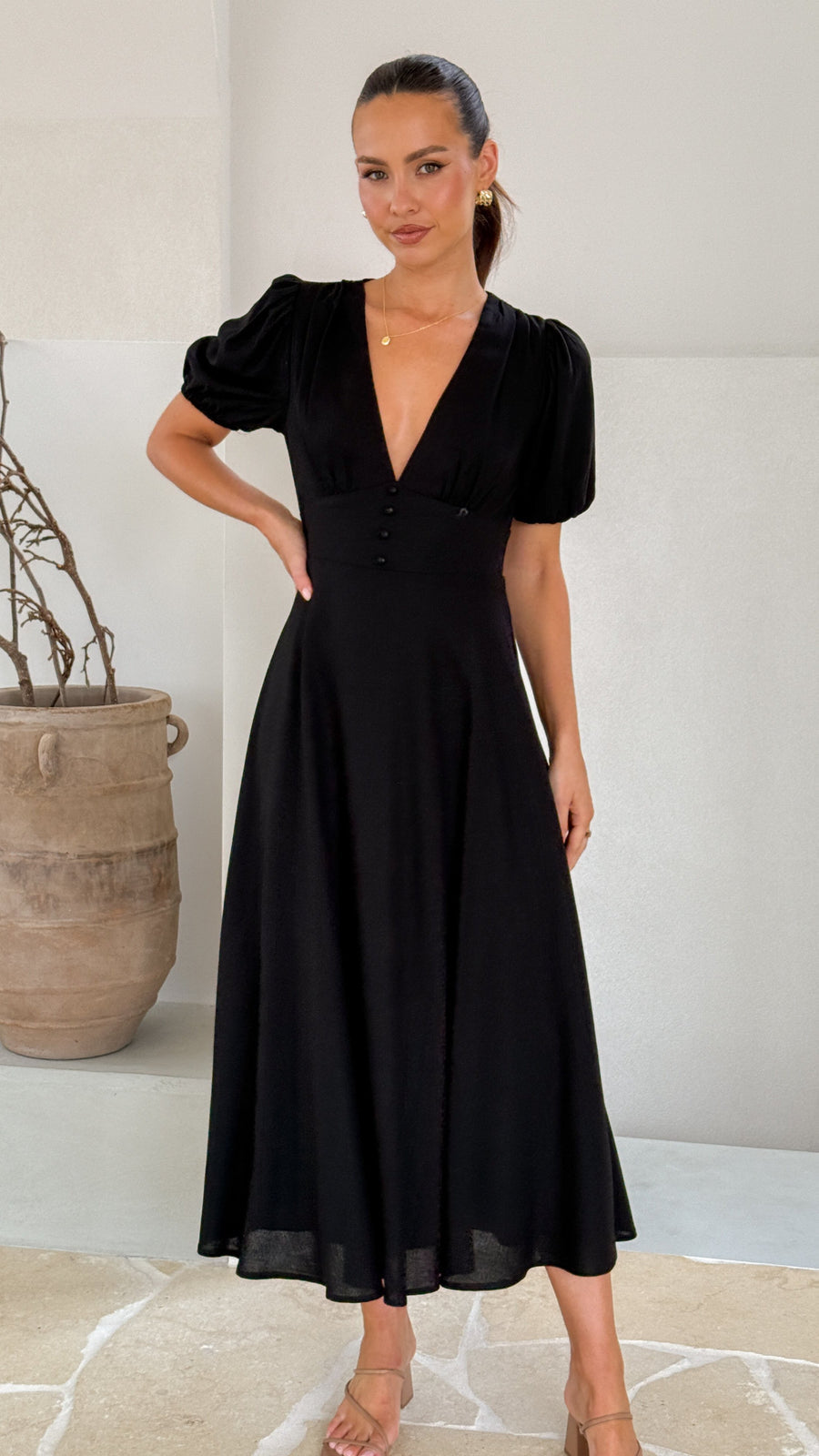 Black Linen Puff Sleeve Maxi Dress