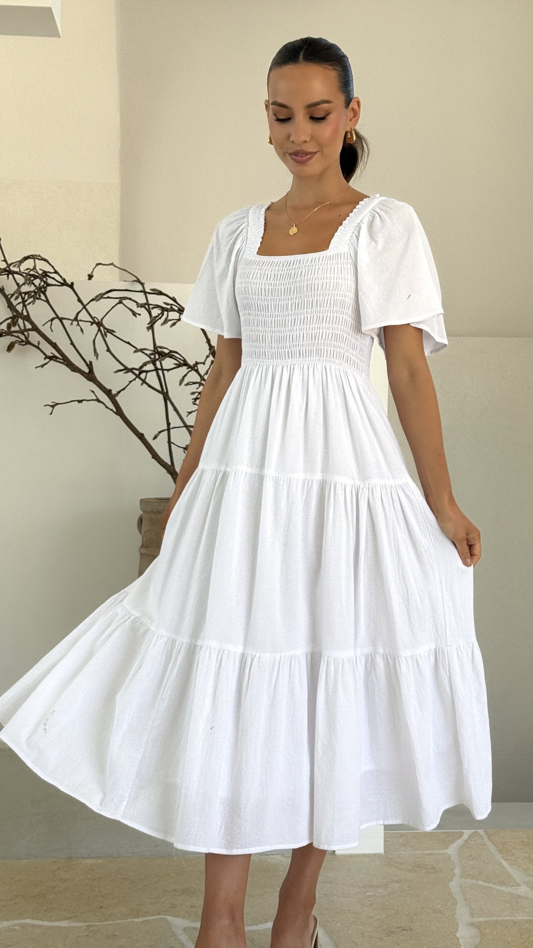 White Smocked Midi Dress