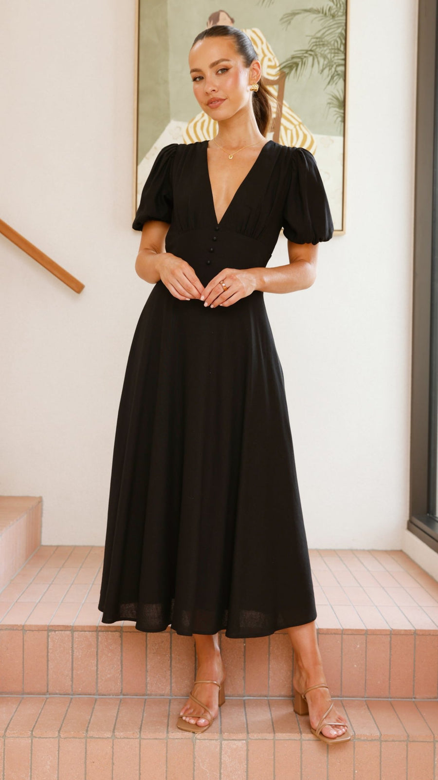 Black Linen Puff Sleeve Maxi Dress